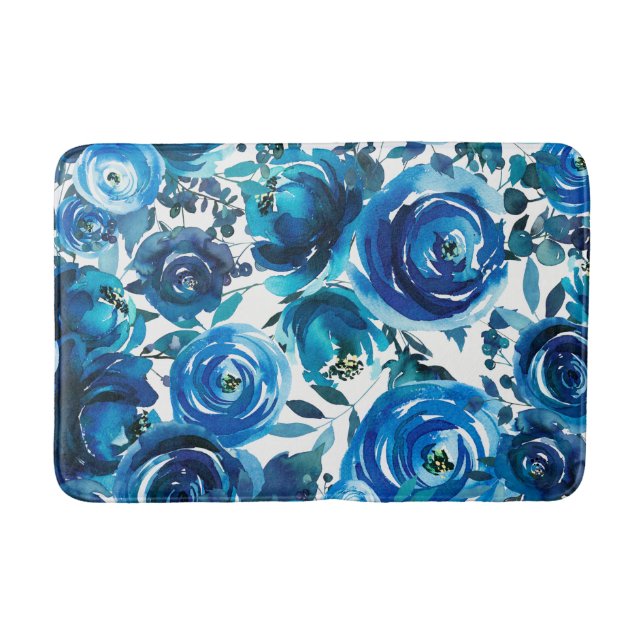 Tapis De Bain Blue Indigo Floral Flowers Élégant Shabby Chic (Devant)