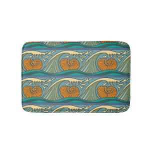 Tapis De Bain Blue Ocean Waves Nautilus Seashell Motif Nouveau