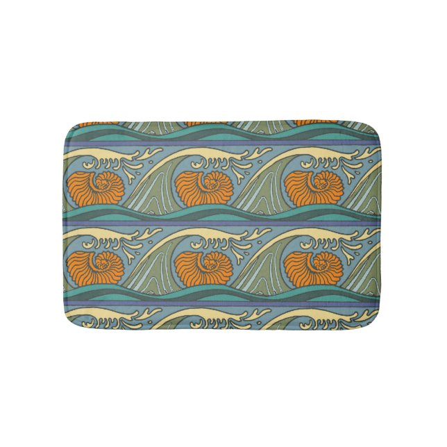 Tapis De Bain Blue Ocean Waves Nautilus Seashell Motif Nouveau (Devant)