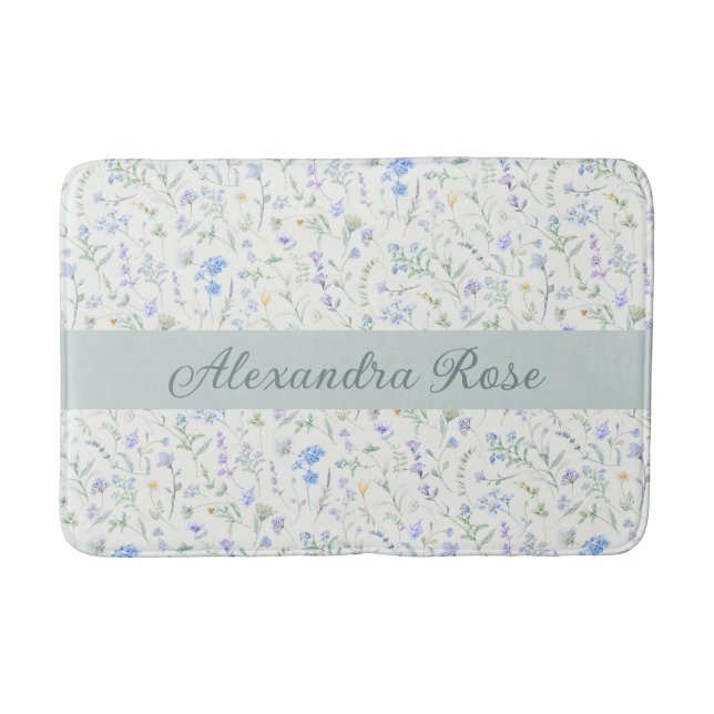 Tapis De Bain Blue Purple Watercolor Wildflower Monogram Name (Devant)