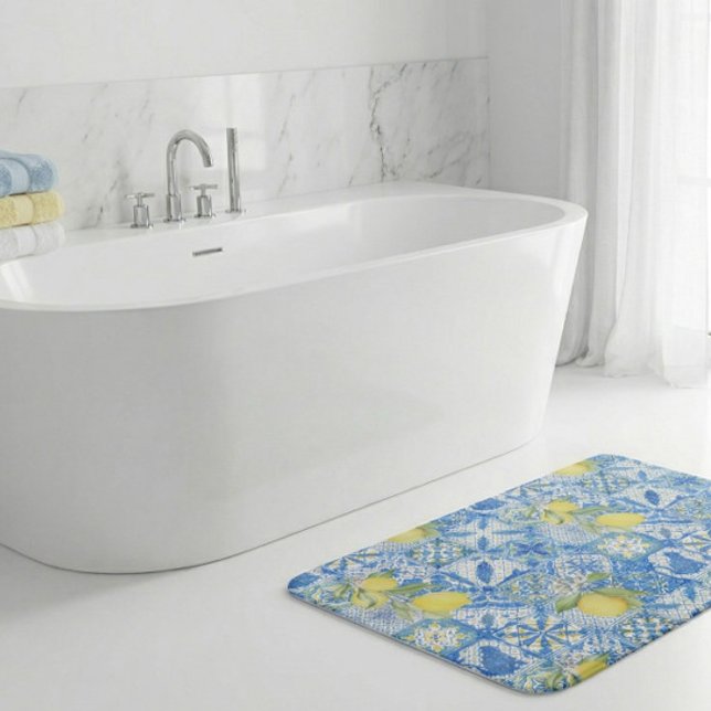 Tapis De Bain Blue Tile French Country Lemon Pattern Home Decor (Créateur téléchargé)