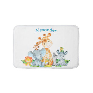 Tapis De Bain Blue Watercolor Cute Safari Jungle Animaux