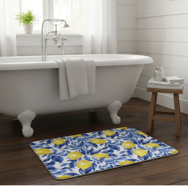 Tapis De Bain Blue Watercolor Lemon Pattern  (Créateur téléchargé)