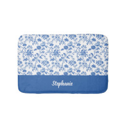 Tapis De Bain Blue White Vintage Floral Personalized Name