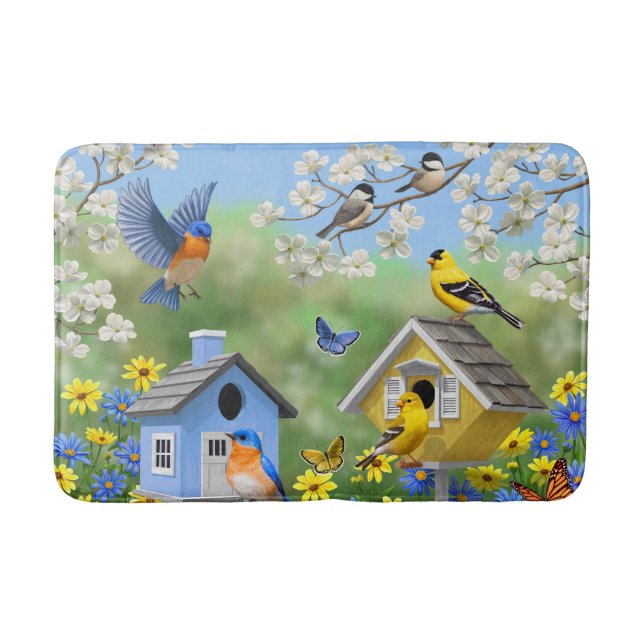 Tapis De Bain Bluebirds Goldfinches Birdhouses Jardin aux fleurs (Devant)