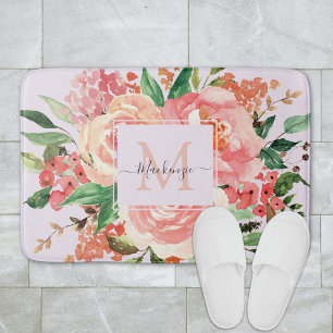 Tapis De Bain Blush Rose Fleur Florale Monogramme Moderne