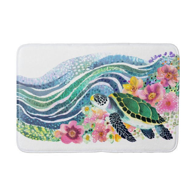 Tapis De Bain Bohême Blue Waves Happy Turtle Aquarelle (Devant)