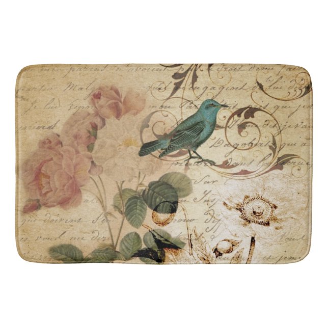 Tapis De Bain Bohème chic Paris Scripts oiseau français botaniqu (Devant)