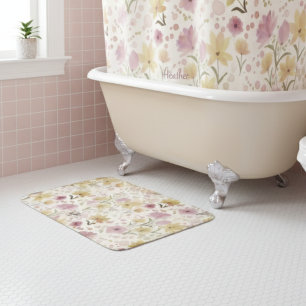 Tapis De Bain Boho Fleur Sauvage Aquarelle Rose Tendre