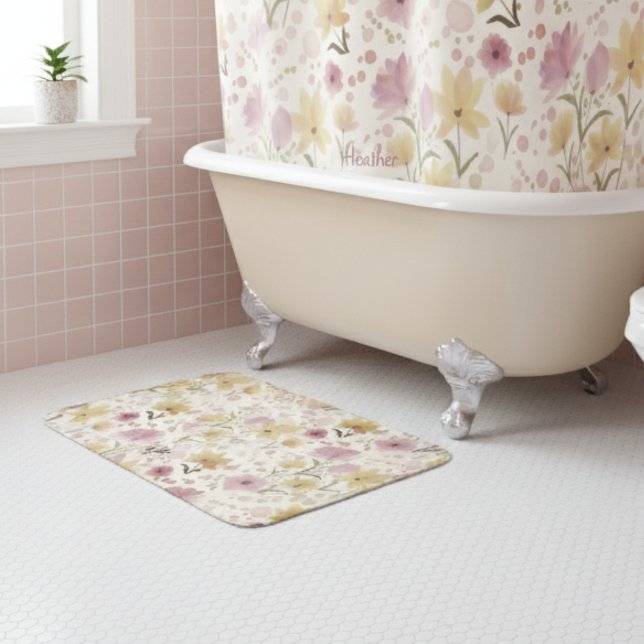 Tapis De Bain Boho Fleur Sauvage Aquarelle Rose Tendre  (Créateur téléchargé)