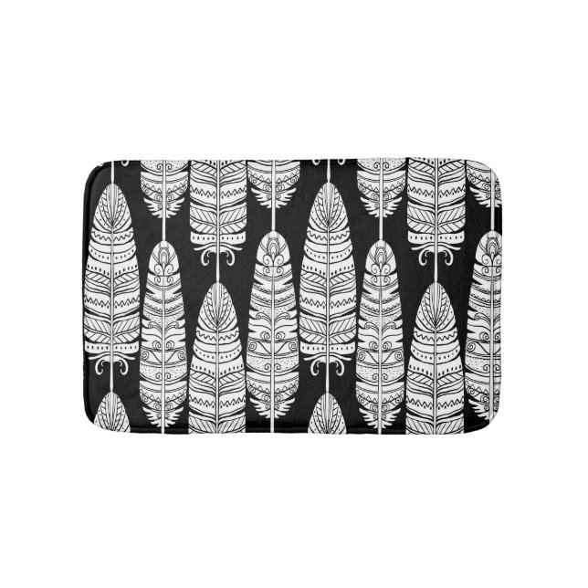 Tapis De Bain Boho plumes : motif noir et blanc (Devant)