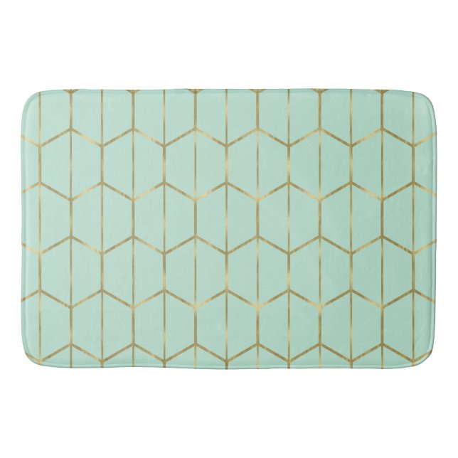 Tapis De Bain Boho Vert Menthe Hexagone Or & Géométrique Glam (Devant)