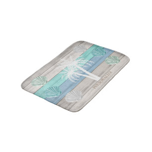 Tapis De Bain Bois/coquillages de plage bleu, Turquoise et blanc
