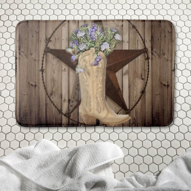 Tapis De Bain bois de grange rustique fleur sauvage cowboy occid (rustic barn wood wildflower cowboy western star bath mat)