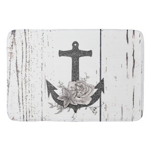 Tapis De Bain Bois rustique côtier floral vintage ancre de plage