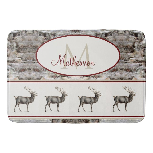 Tapis De Bain Bois rustique Elk / Reindeer Famille Monogramme ta (Devant)