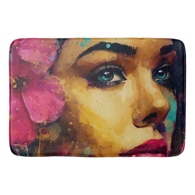 Tapis De Bain Bold Pink Hibiscus et femme Portrait Abstrait (Devant)