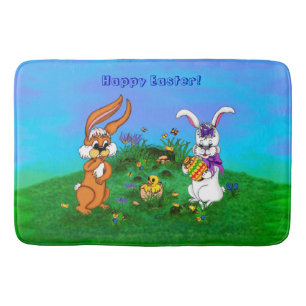 Tapis De Bain Bonne Pâques ! Lapin avec lapin et poussin