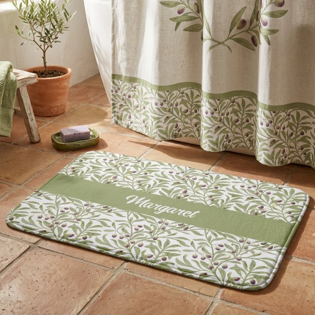 Tapis De Bain Botanique aquarelle à monogramme Vert sauge Olive  (Monogram Watercolor Botanical Sage Green Olive Bath Mat)