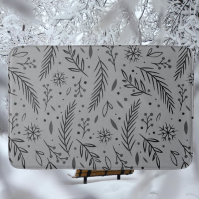 Tapis de bain botanique d'hiver – Gris avec feuill (Créateur téléchargé)