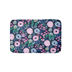 Tapis De Bain Bouquet d'aquarelle bleu marine rose
