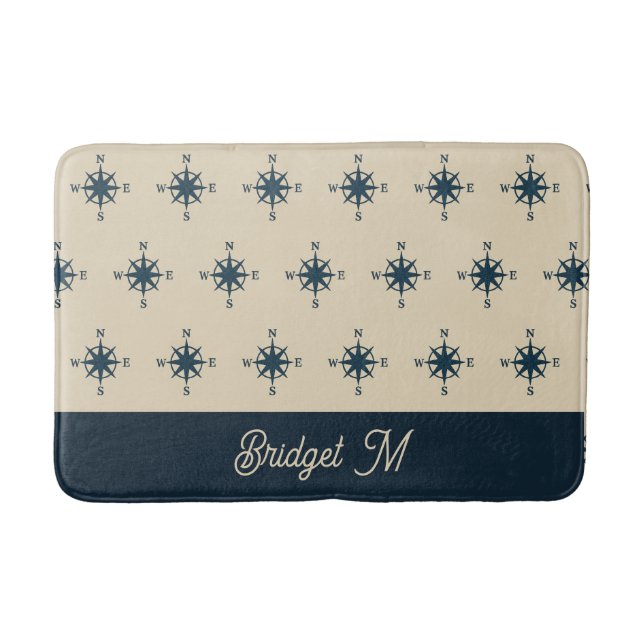 Tapis De Bain boussole bleu marine & Monogramme Beige Maison côt (Devant)