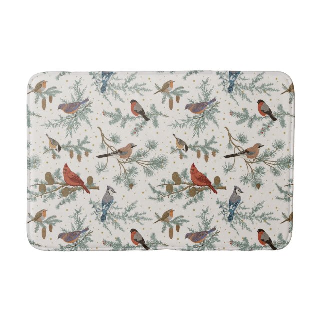 Tapis De Bain Branches d'oiseaux et de pins d'hiver Motif (Devant)