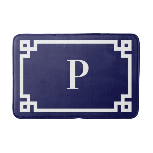 Tapis De Bain Cadre de clé grecque Navy et Blanc Monogramme Moye