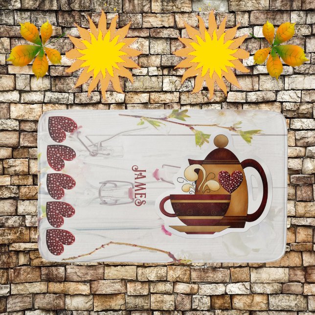 Tapis De Bain Café Teapot Coeurs rustique Country Garden Elégant (Coffee Teapot Hearts Rustic Country Garden Elegant Bath Mat)