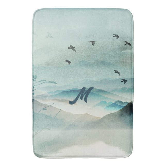 Tapis De Bain Calme Monogramme Nature Aquarelle paysage de monta (devant Vertical)