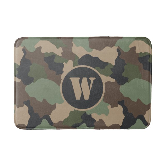 Tapis De Bain Camouflage Bois Camo Kaki Tan Noir Monogramme (Devant)