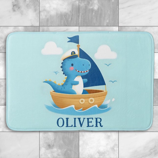 Tapis De Bain Capitaine de bateau dinosaure bleu mignon  (Créateur téléchargé)