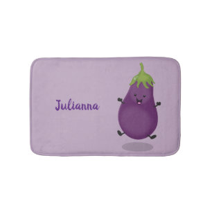 Tapis De Bain Caricature d'aubergine d'aubergine joliment heureu