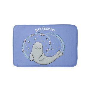 Tapis De Bain Caricature joyeux de phoque et de poisson bleu