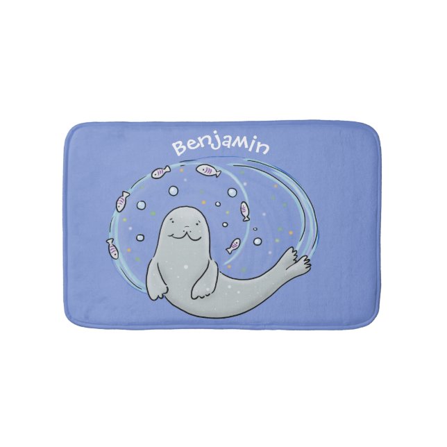 Tapis De Bain Caricature joyeux de phoque et de poisson bleu (Devant)