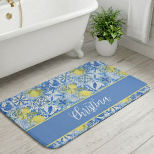 Tapis De Bain Carreaux Bleus Motif De Citron De Campagne Françai