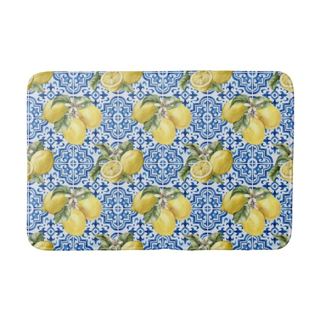 Tapis De Bain Carreaux bleus motif Méditerranée Lemon (Devant)