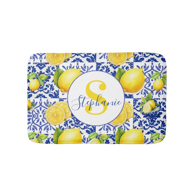 Tapis De Bain Carrelage Bleu Blanc Motif Citron Monogramme Citro (Devant)
