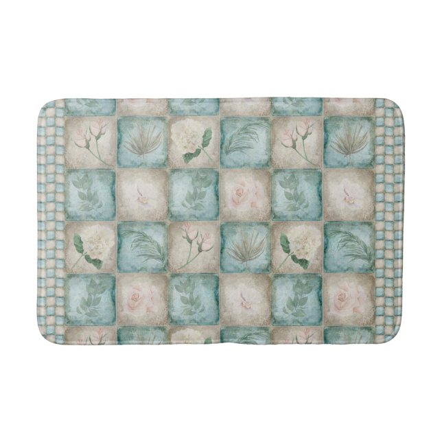 Tapis De Bain Carrelage botanique vieilli - Aqua et os (Devant)