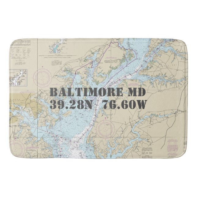Tapis De Bain Carte de latitude de longitude MD Baltimore Nautiq (Devant)