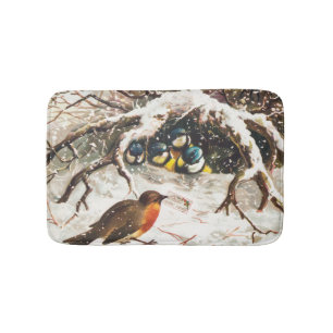 Tapis De Bain Carte de Noël vintage de l'ère victorienne, Oiseau