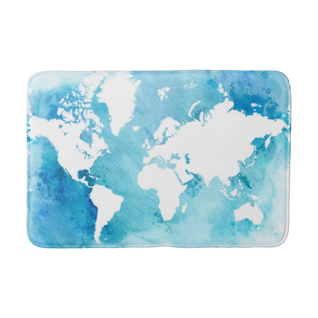Tapis De Bain Carte du monde dans des bleus d'aquarelle (Devant)