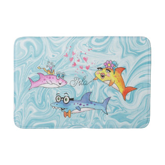 Tapis De Bain Cartoon Shark Family Blue Waves Bath Mat