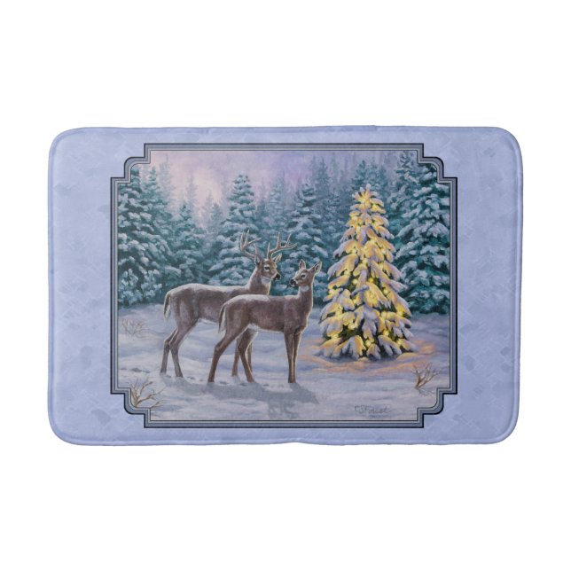Tapis De Bain Cerf et arbre de Noël Bleu d'hiver (Devant)