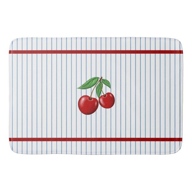 Tapis De Bain Cerises rouges sur Bleu Motif graphique (Devant)