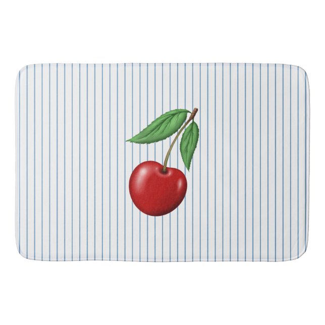 Tapis De Bain Cerises Rouges sur Motif Rayures Bleues (Devant)