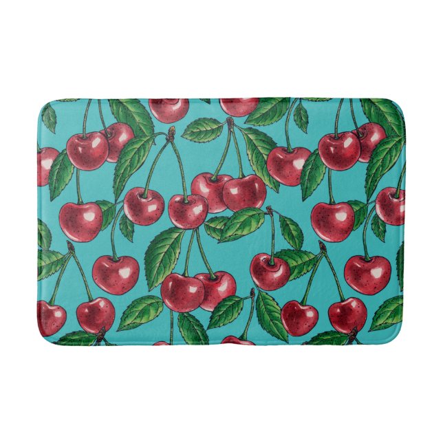 Tapis De Bain Cerises rouges sur turquoise (Devant)