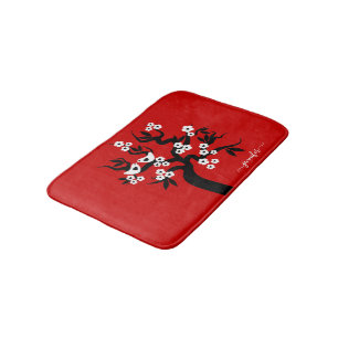 Tapis De Bain Cerisier noir, blanc inséparable, fleurs rouge