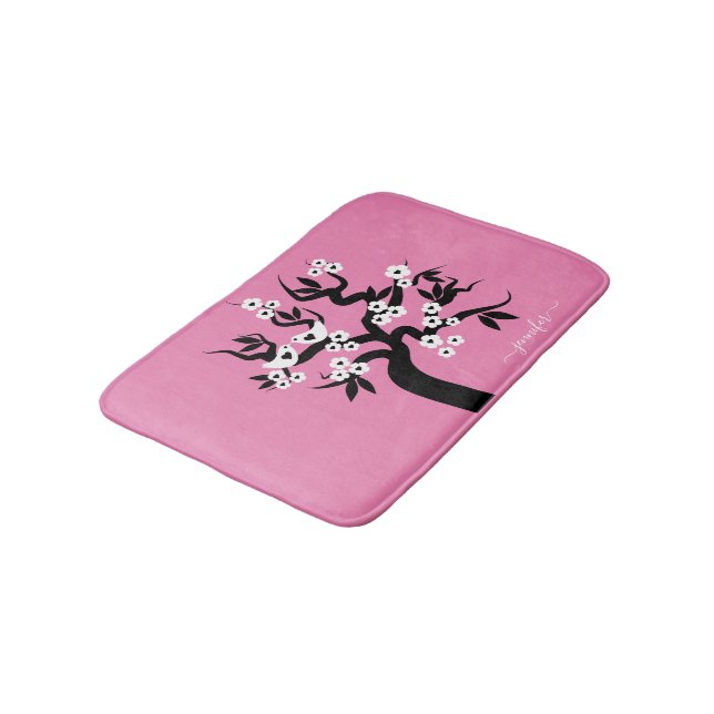 Tapis De Bain Cerisier noir, inséparables blancs, fleurs rose (Angle)
