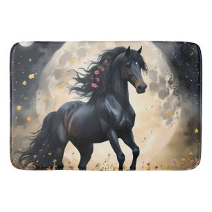 Tapis De Bain Champ de fleur de lune de cheval noir,